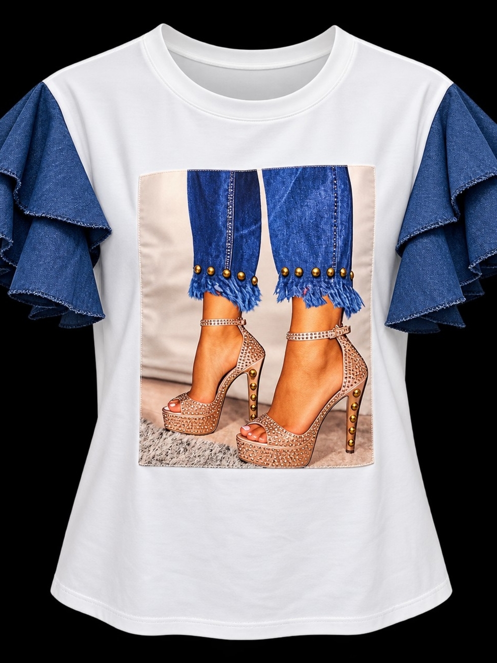 White Graphic Ruffle-Sleeve Tee with Blue Denim Detail